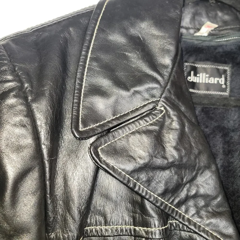 Juilliard Leather Vintage 1970 Lg. Lapel black white stitching Sz 38 Coat Jacket